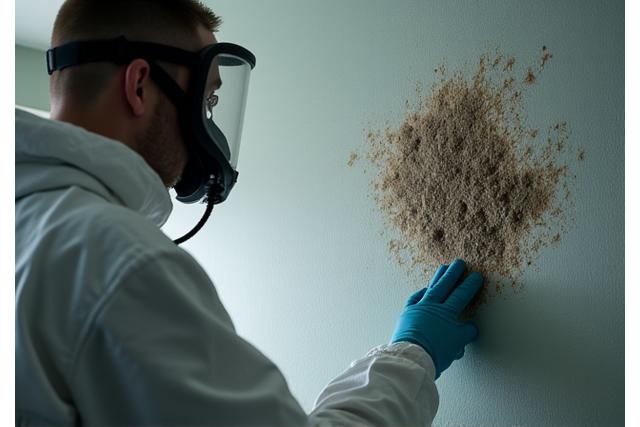 Billede af en skimmelsvamp-inficeret overflade under sanering, der symboliserer skimmelsvampbekæmpelse.