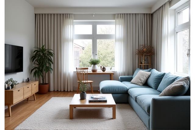 Billede af et rent og hyggeligt hjem, der symboliserer privat rengøring.